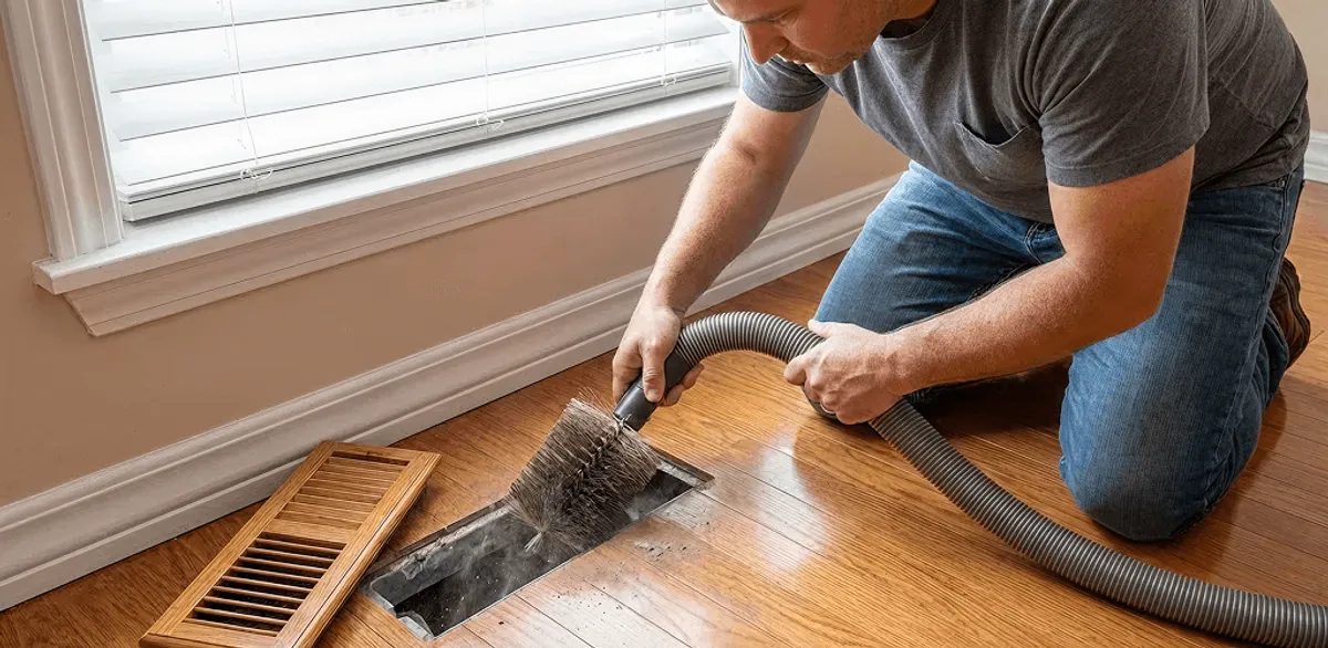 Air duct cleaning technician vacuuming a floor vent and duct opening in San Diego, CA