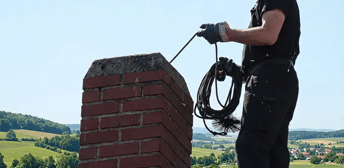 Chimney sweep inspecting and cleaning a rooftop chimney in San Diego, CA