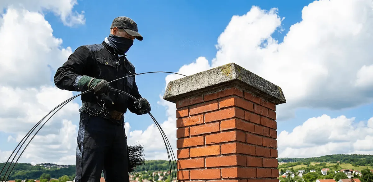 Chimney sweep cleaning a brick chimney with professional tools in San Diego, CA