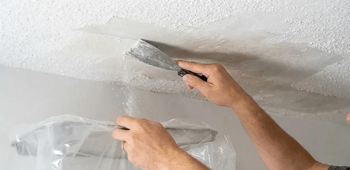 Popcorn ceiling removal technician scraping texture from a ceiling in San Diego, CA