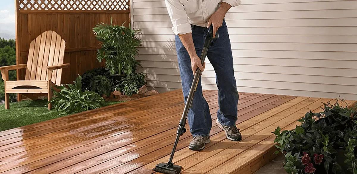 Deck staining service applying stain to a backyard wood deck in San Diego, CA